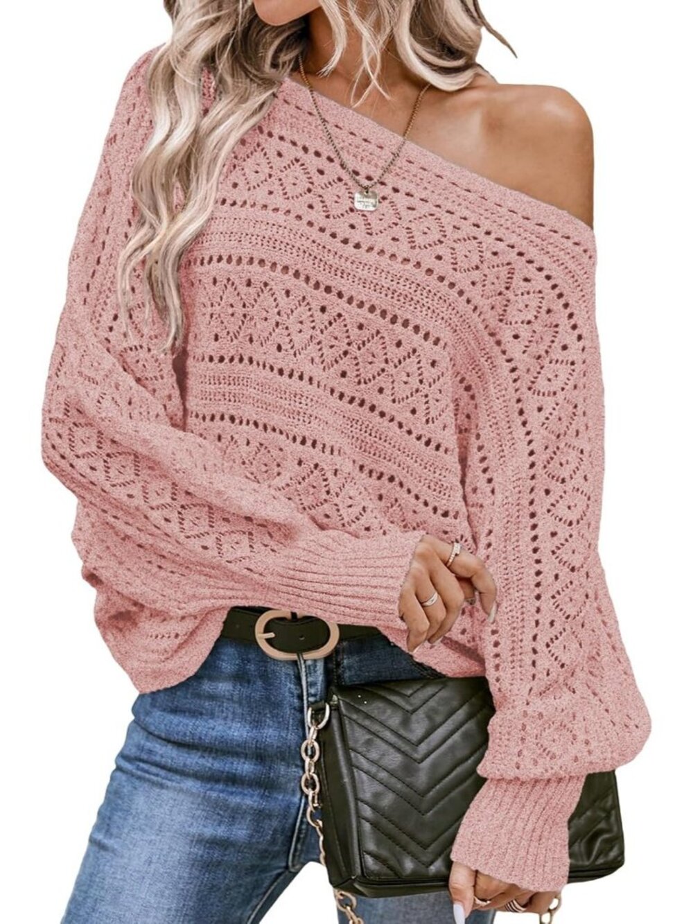 Women's Pink Crochet Boat Neck Long Batwing Sleeve Loose Fashion Sweaters Top
